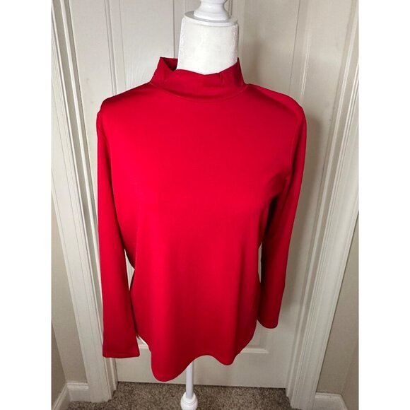Mock Neck Red Long Sleeve Top With Button Accent On Shoulder Petite Medium Sleek - Picture 3 of 11